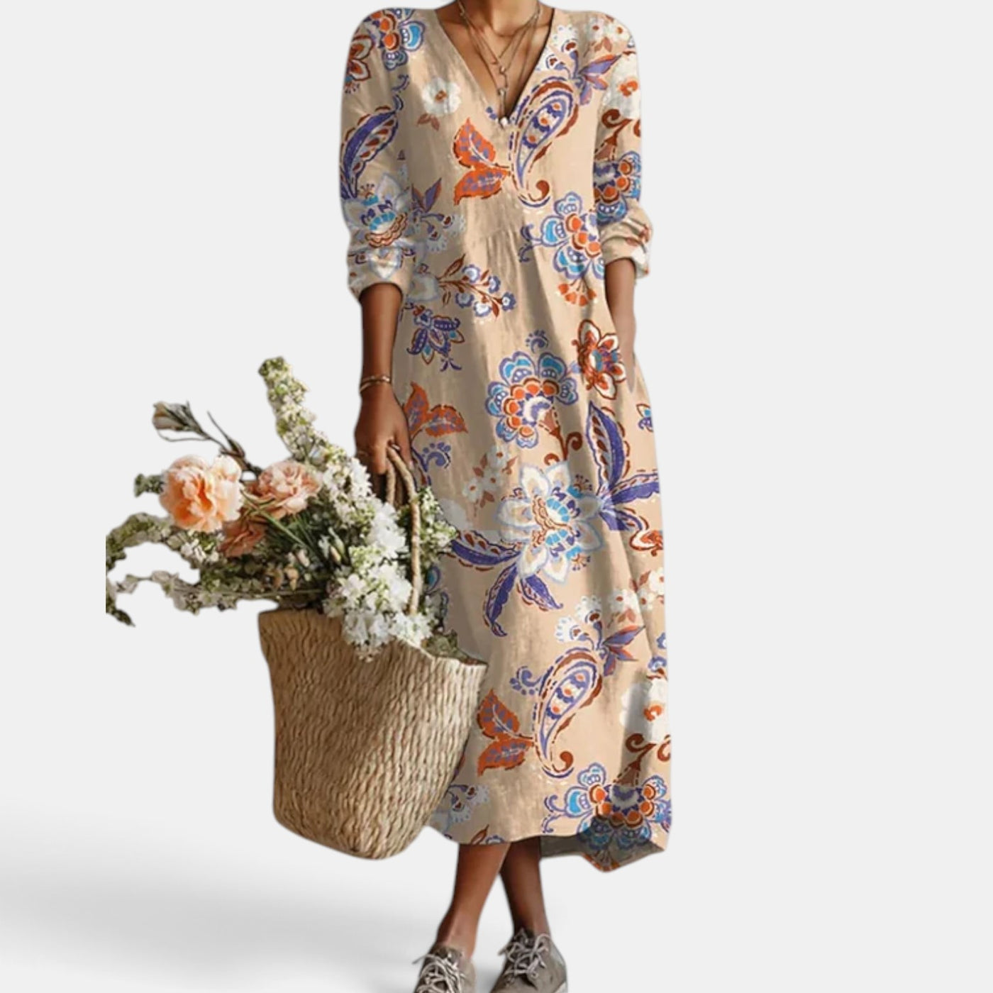 Vestido Midi Boho Mujer de Lino Estampado Floral Escote V