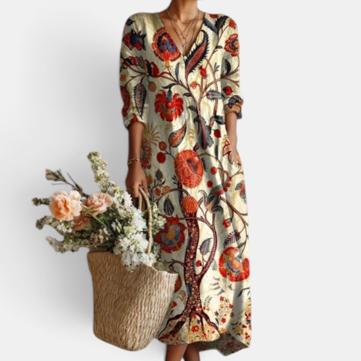 Vestido Midi Boho Mujer de Lino Estampado Floral Escote V