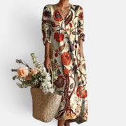 Vestido Midi Boho Mujer de Lino Estampado Floral Escote V