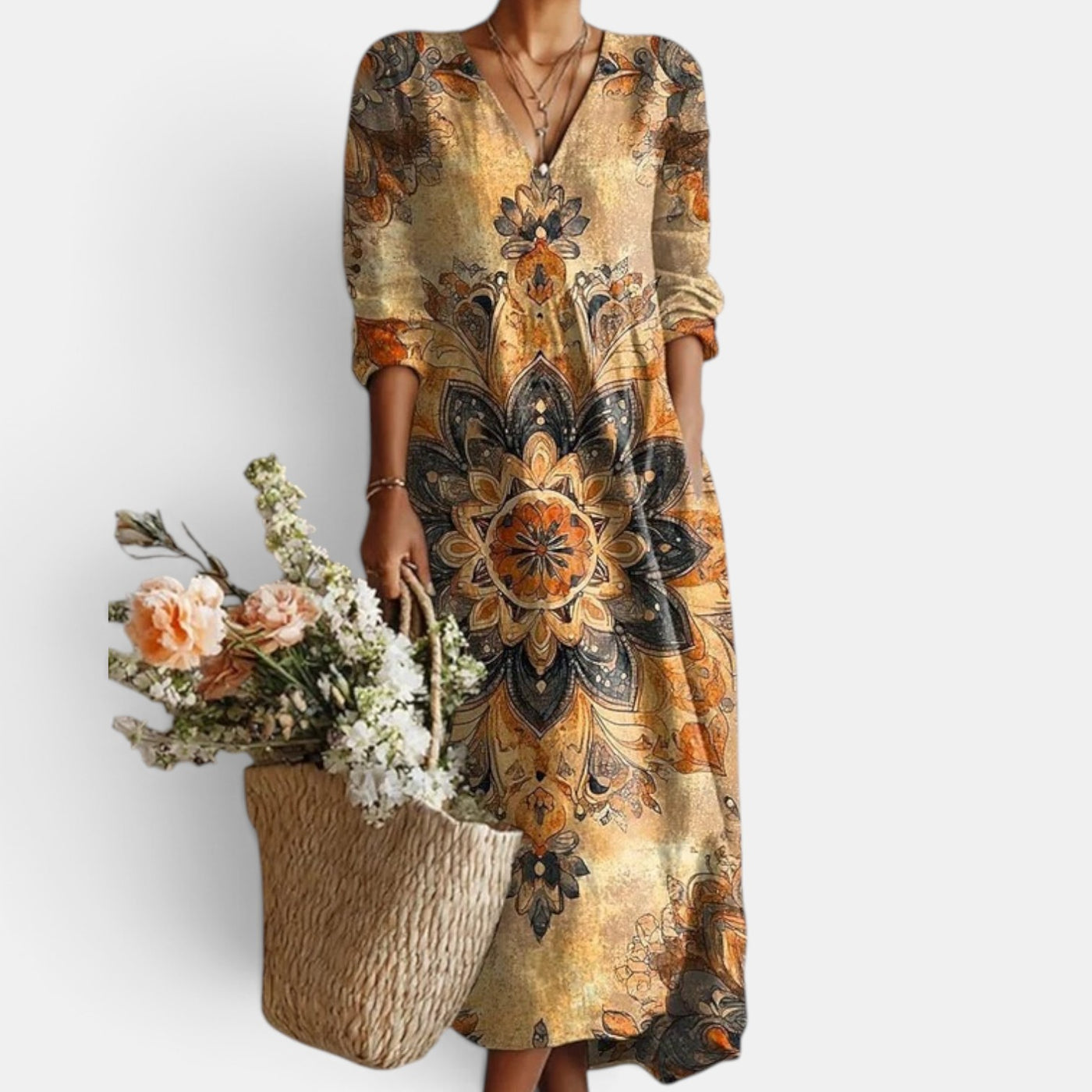 Vestido Midi Boho Mujer de Lino Estampado Floral Escote V