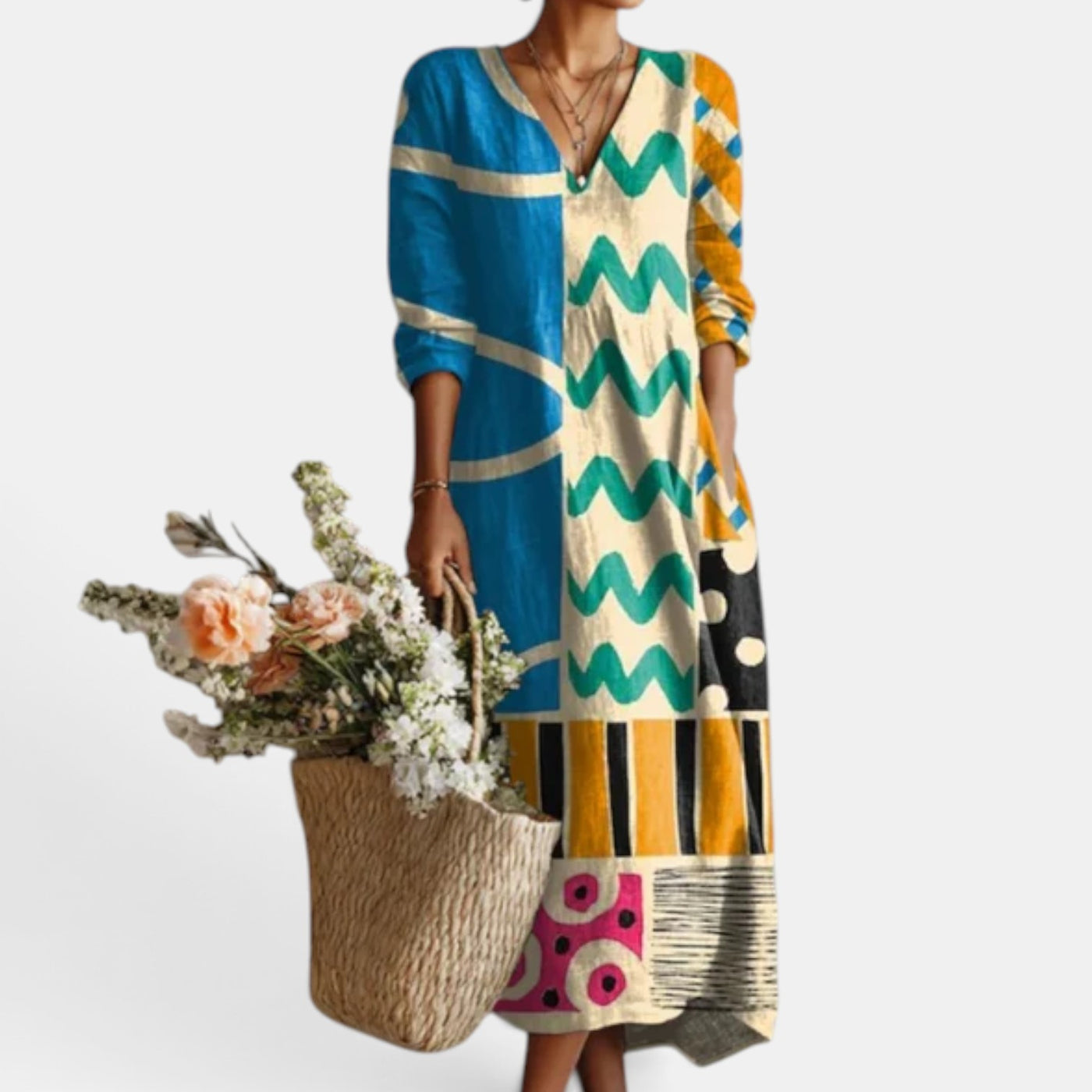 Vestido Midi Boho Mujer de Lino Estampado Floral Escote V