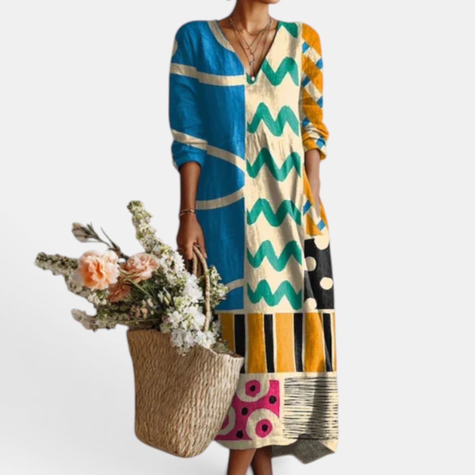 Vestido Midi Boho Mujer de Lino Estampado Floral Escote V