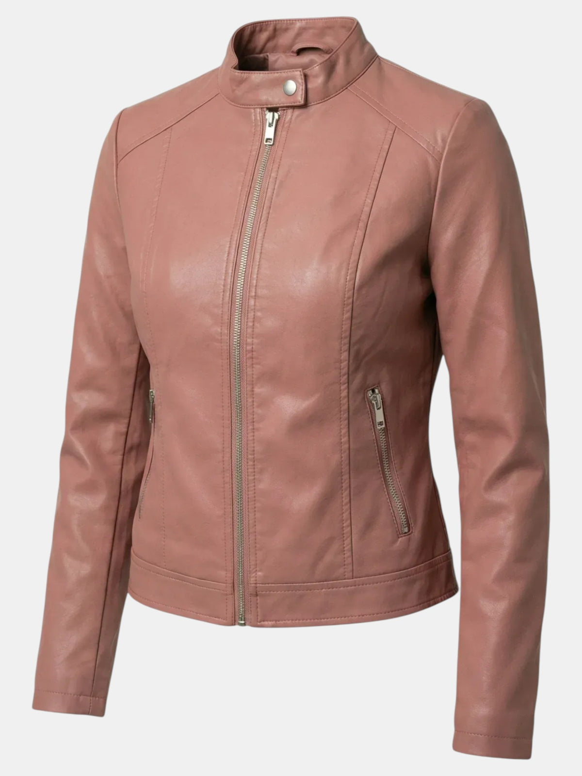Chaqueta de Piel para Mujer con Cuello Mao y Cremallera