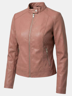 Chaqueta de Piel para Mujer con Cuello Mao y Cremallera