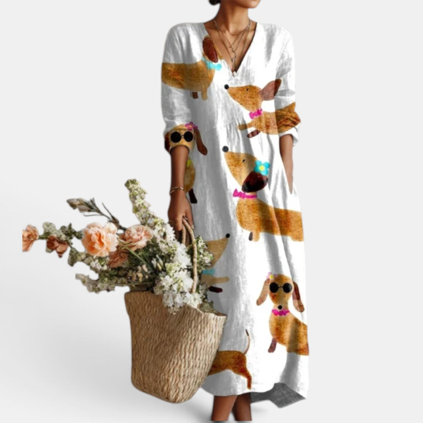 Vestido Midi Boho Mujer de Lino Estampado Floral Escote V