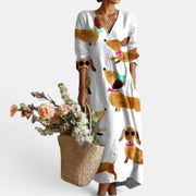 Vestido Midi Boho Mujer de Lino Estampado Floral Escote V