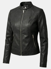 Chaqueta de Piel para Mujer con Cuello Mao y Cremallera