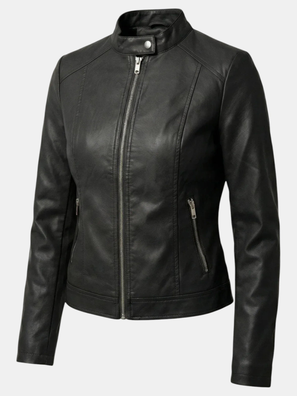 Chaqueta de Piel para Mujer con Cuello Mao y Cremallera