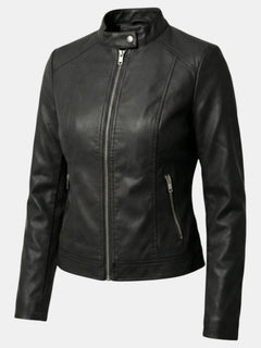 Chaqueta de Piel para Mujer con Cuello Mao y Cremallera