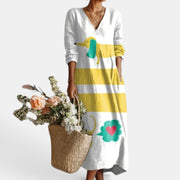 Vestido Midi Boho Mujer de Lino Estampado Floral Escote V