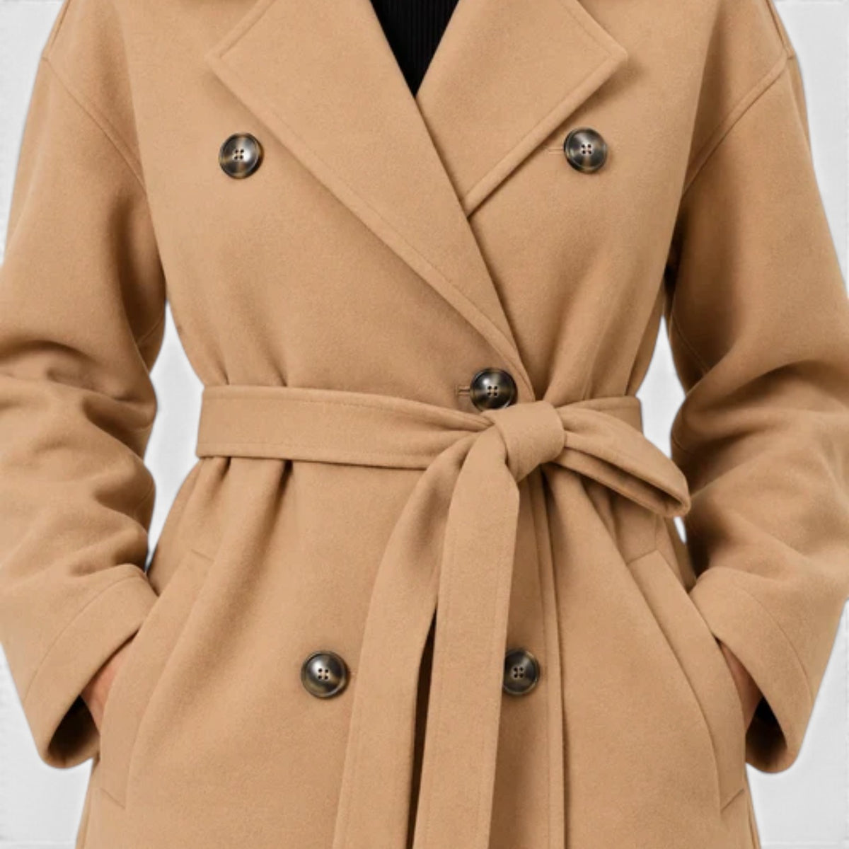 Women's Long Double-Breasted Belted Coat - Classic Overcoat
