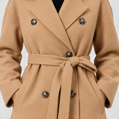 Women's Long Double-Breasted Belted Coat - Classic Overcoat