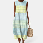 Women's Linen Plaid Midi Dress Fresh Summer