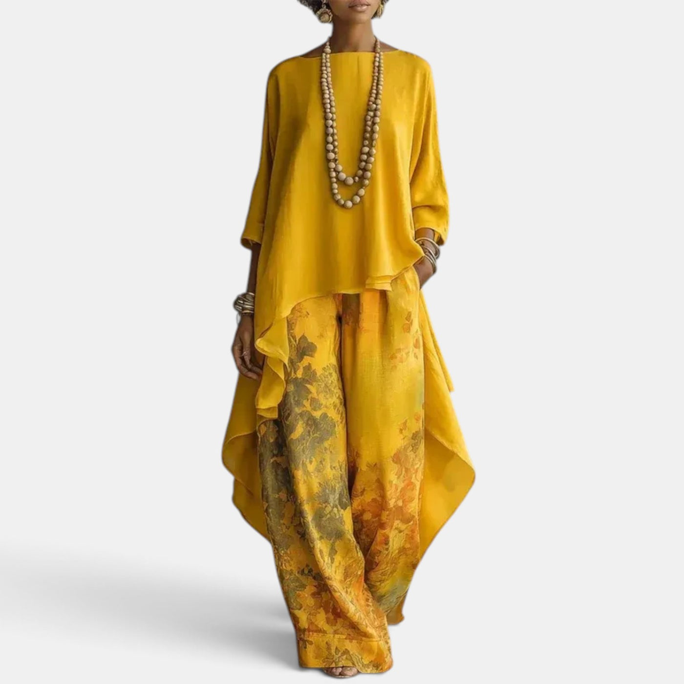 Women's Printed Set with Asymmetrical Blouse and Wide-Leg Pants