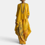 Women's Printed Set with Asymmetrical Blouse and Wide-Leg Pants