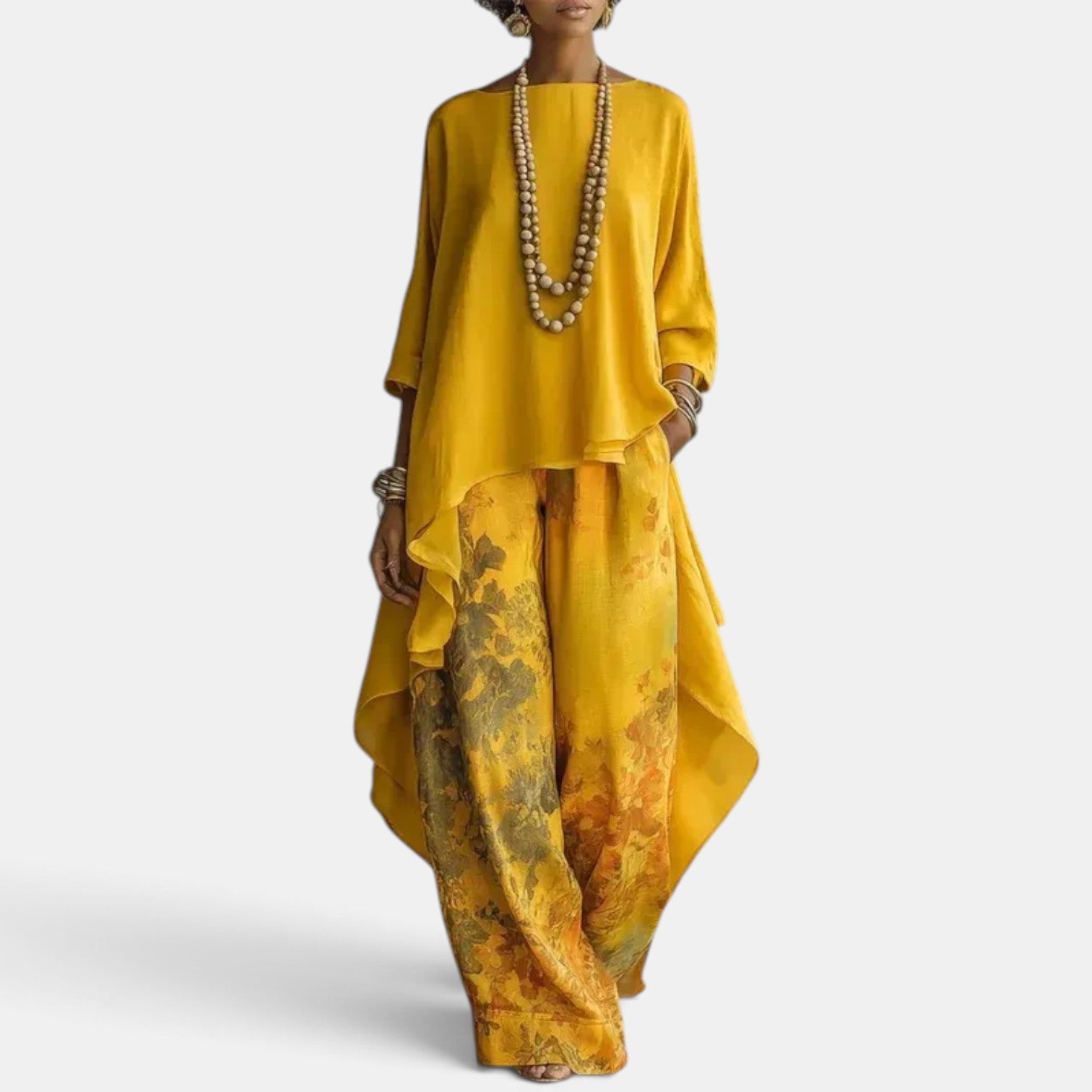 Women's Printed Set with Asymmetrical Blouse and Wide-Leg Pants