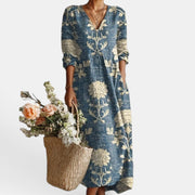 Vestido Midi Boho Mujer de Lino Estampado Floral Escote V