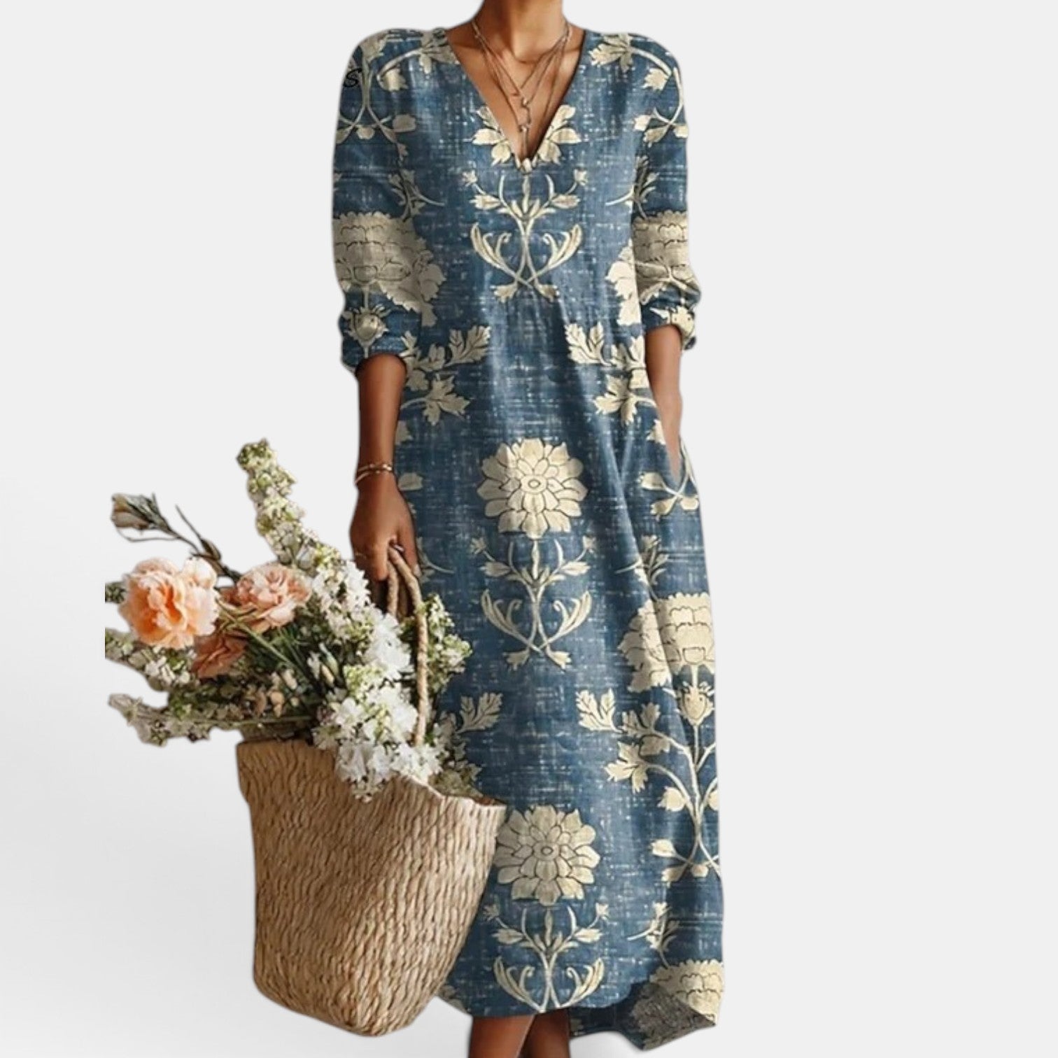 Vestido Midi Boho Mujer de Lino Estampado Floral Escote V