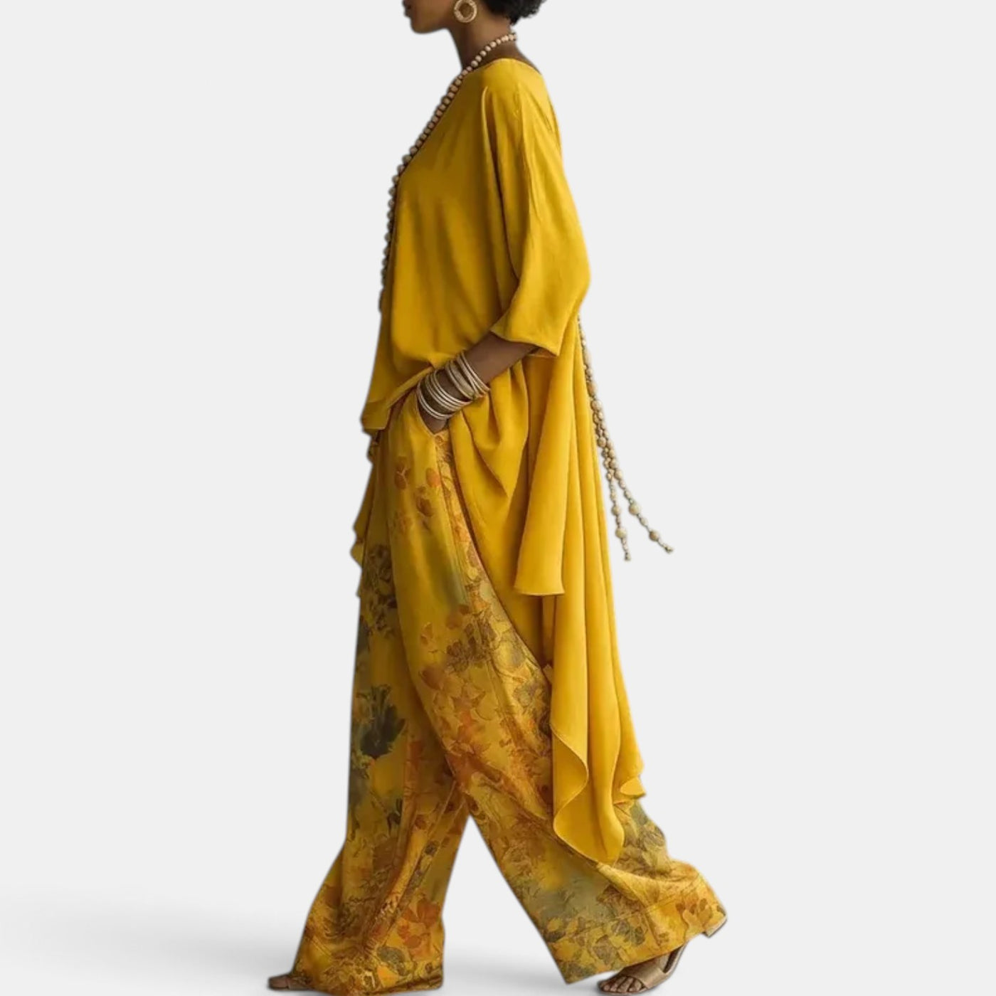 Women's Printed Set with Asymmetrical Blouse and Wide-Leg Pants