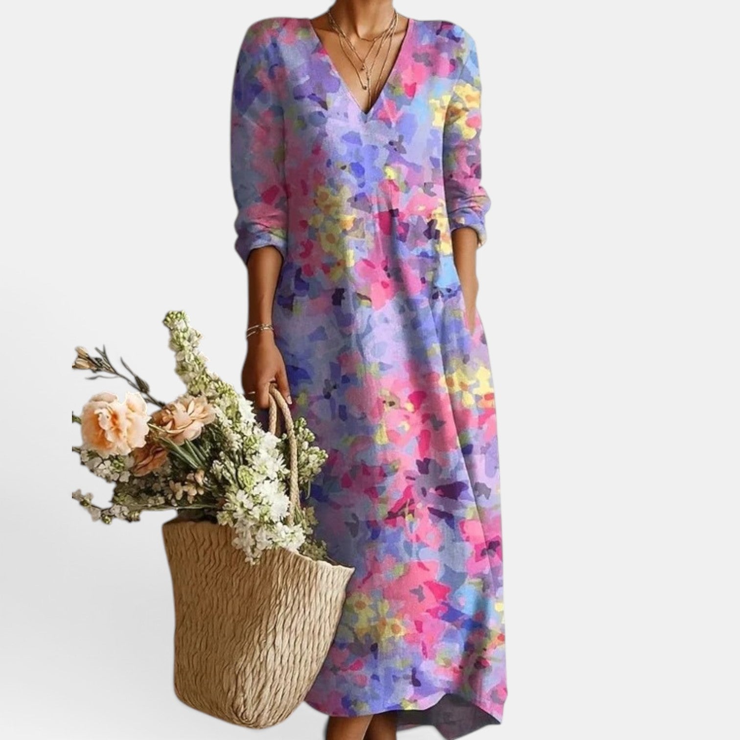 Vestido Midi Boho Mujer de Lino Estampado Floral Escote V