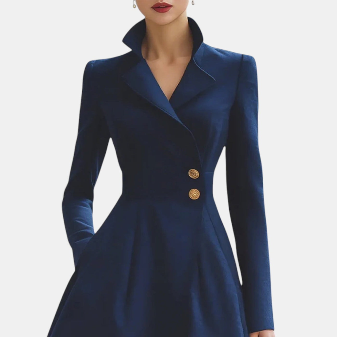 Women's Elegant Tailored Collar Dress with Gold Buttons