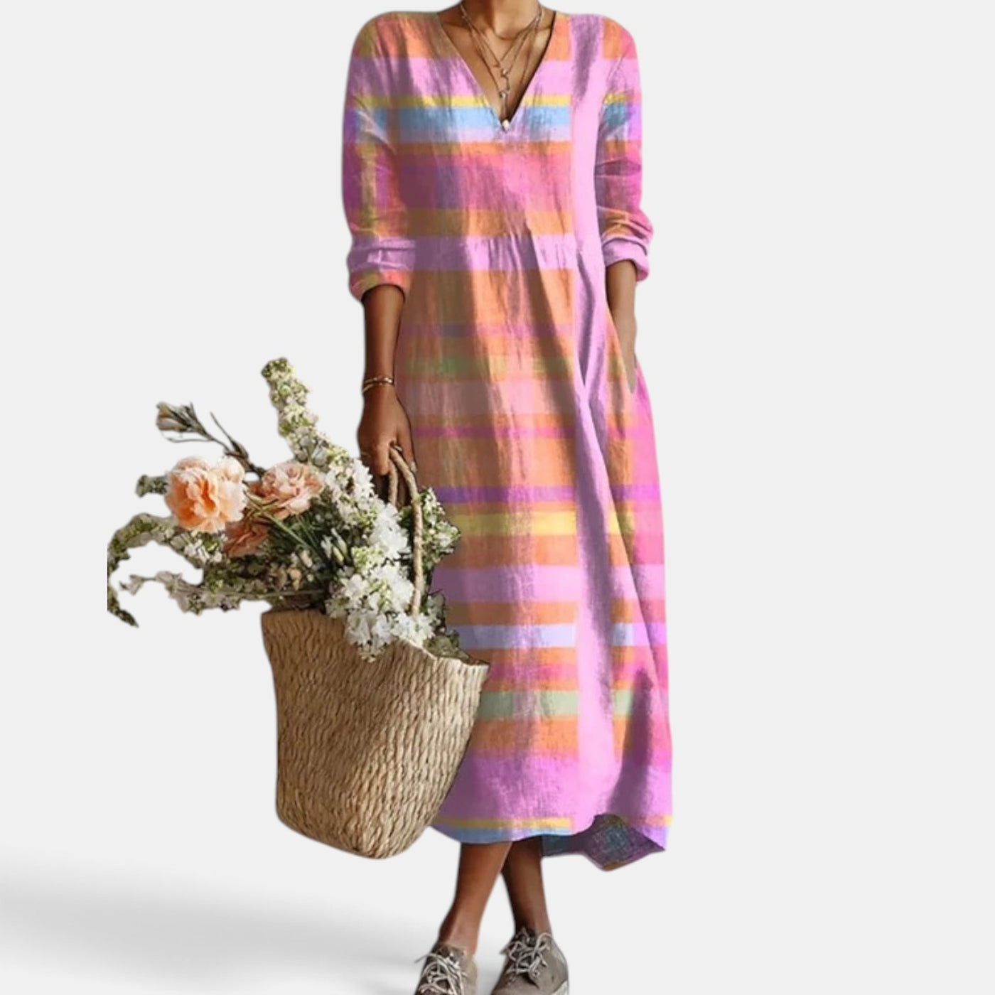 Vestido Midi Boho Mujer de Lino Estampado Floral Escote V