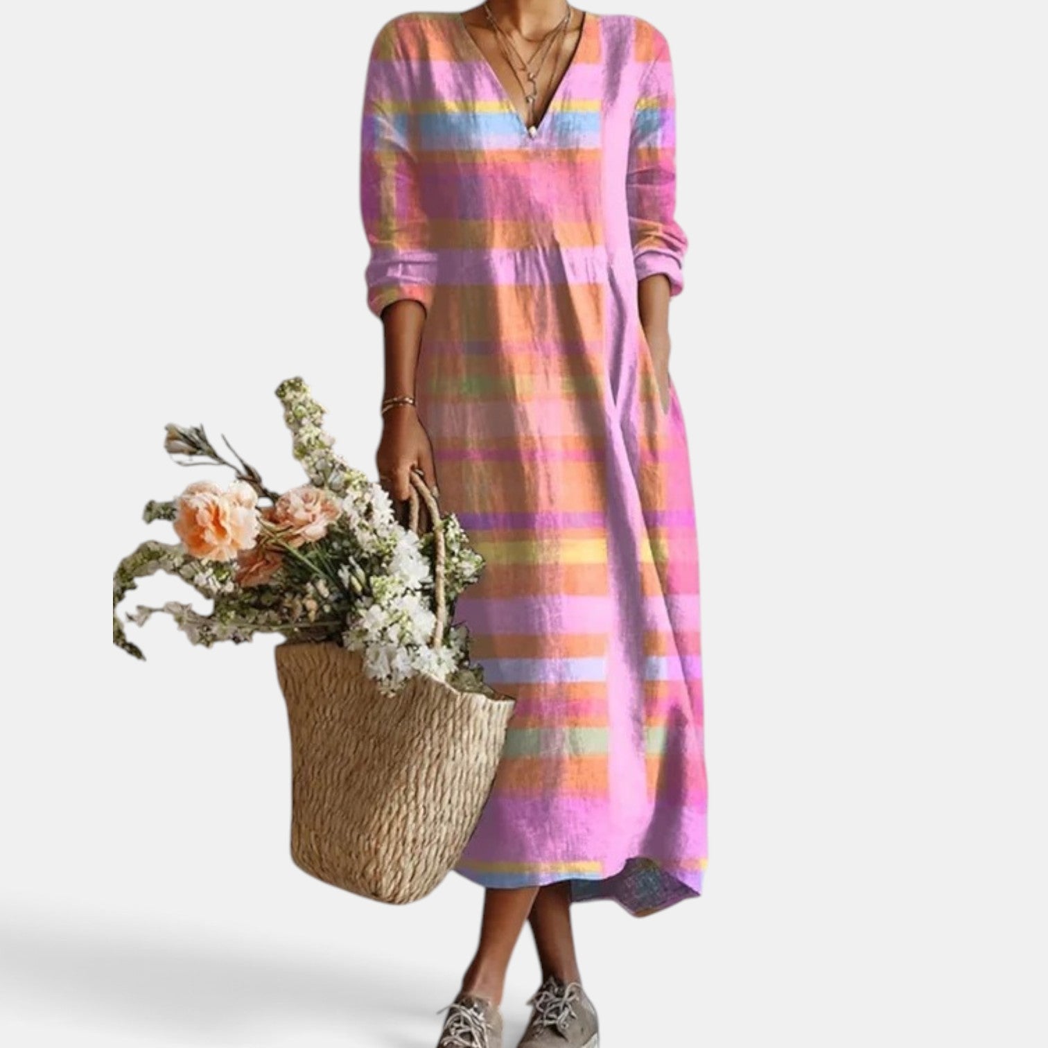 Vestido Midi Boho Mujer de Lino Estampado Floral Escote V