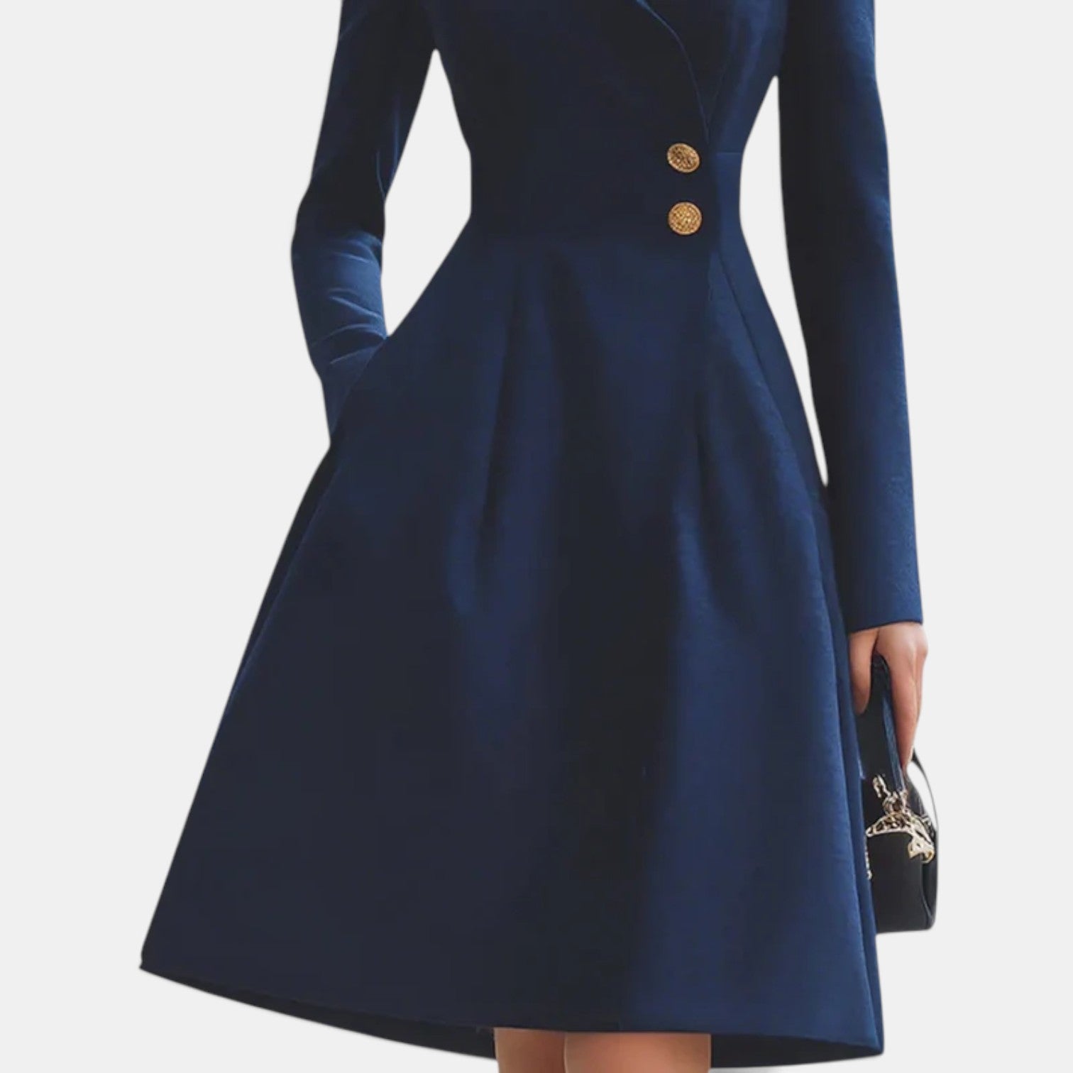 Women's Elegant Tailored Collar Dress with Gold Buttons