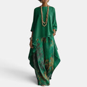 Women's Printed Set with Asymmetrical Blouse and Wide-Leg Pants