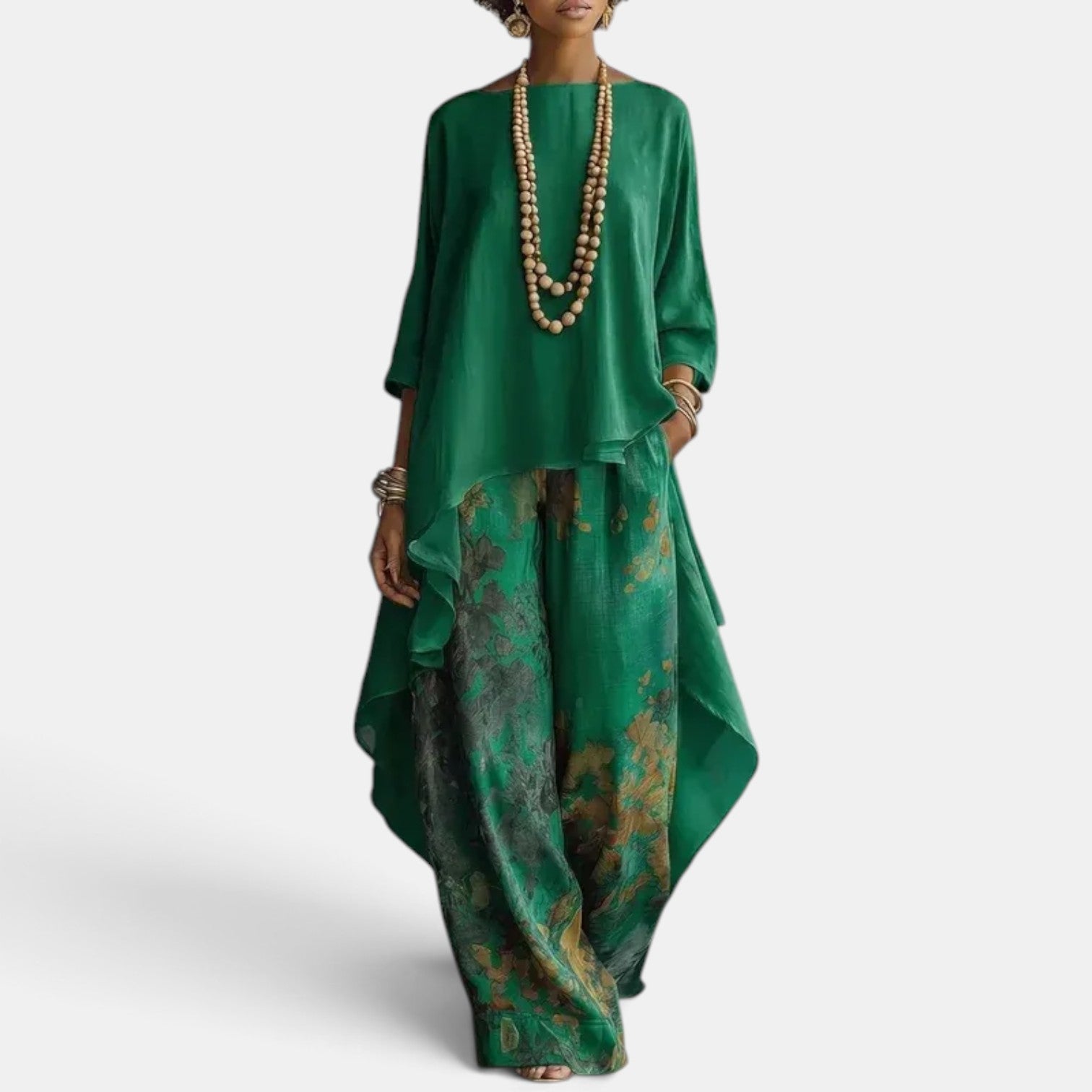 Women's Printed Set with Asymmetrical Blouse and Wide-Leg Pants