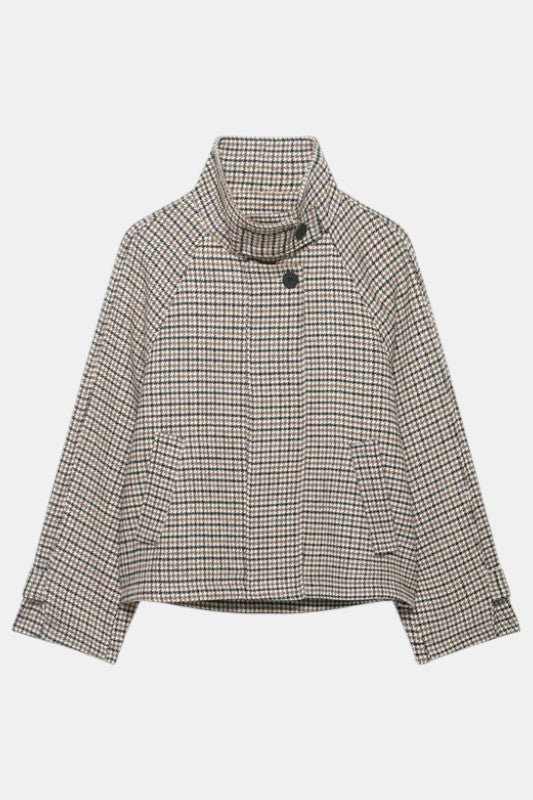 Women's Brown Houndstooth Cropped Jacket - High Neck
