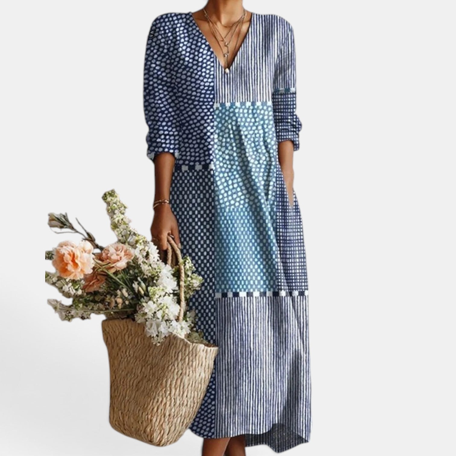 Vestido Midi Boho Mujer de Lino Estampado Floral Escote V