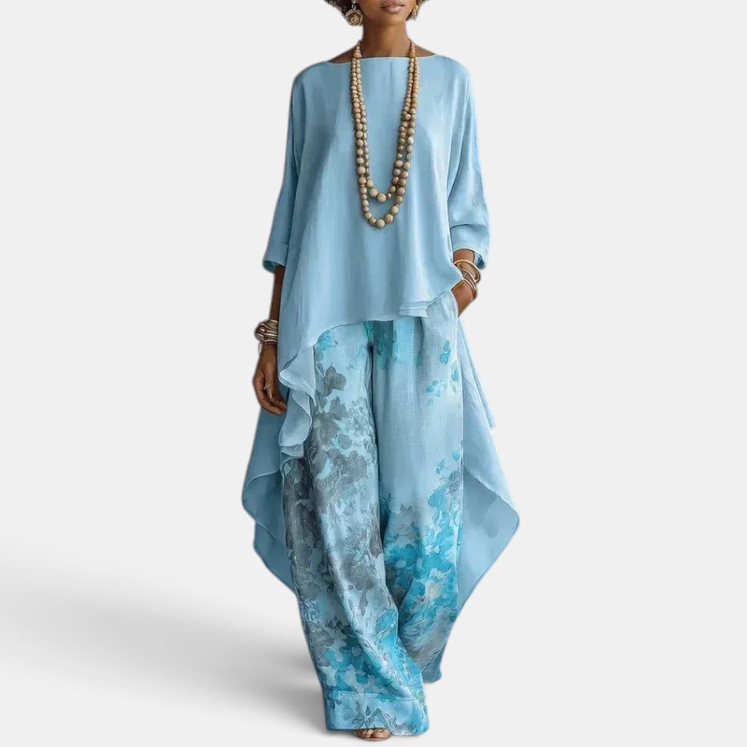 Women's Printed Set with Asymmetrical Blouse and Wide-Leg Pants