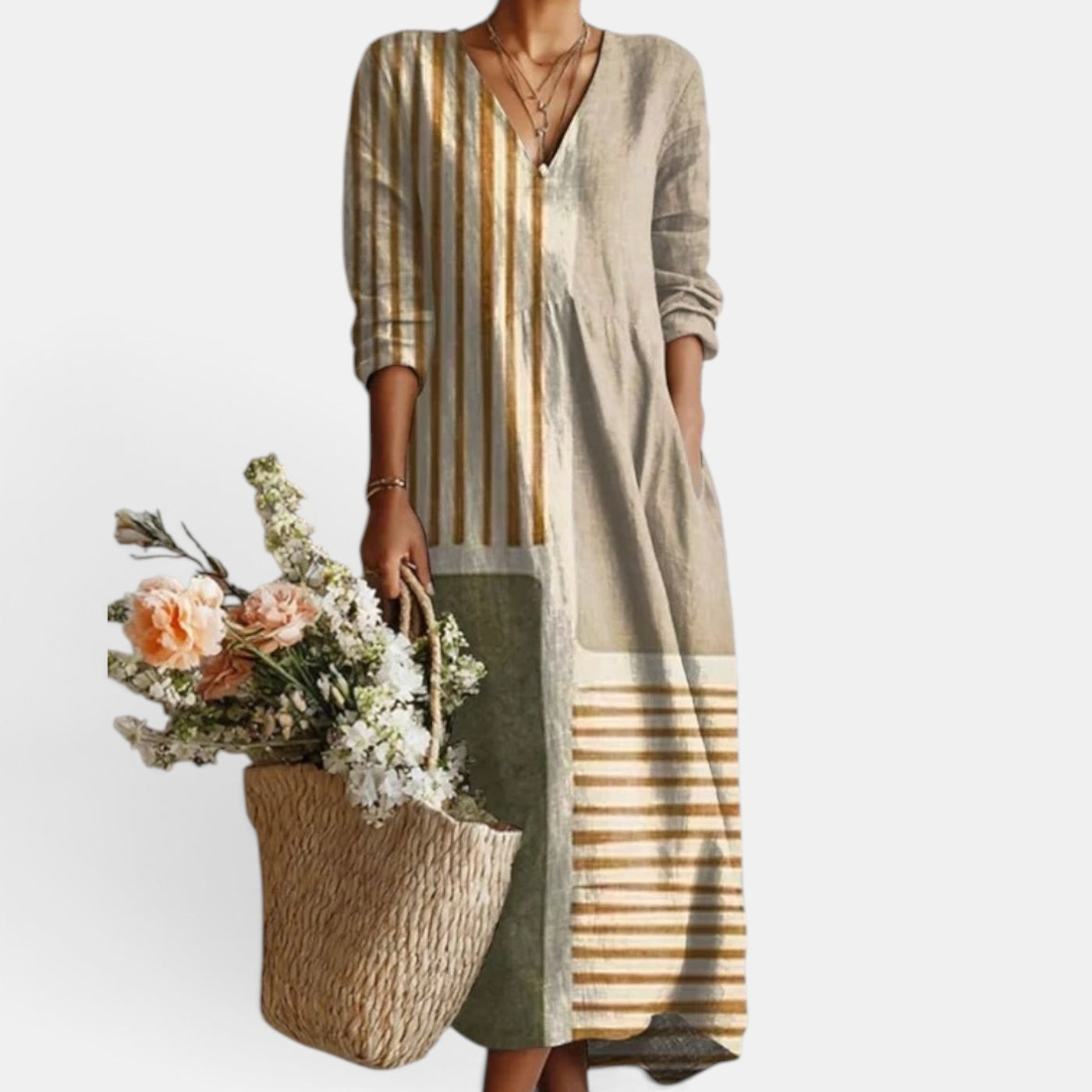 Vestido Midi Boho Mujer de Lino Estampado Floral Escote V