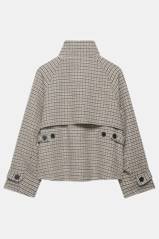 Women's Brown Houndstooth Cropped Jacket - High Neck