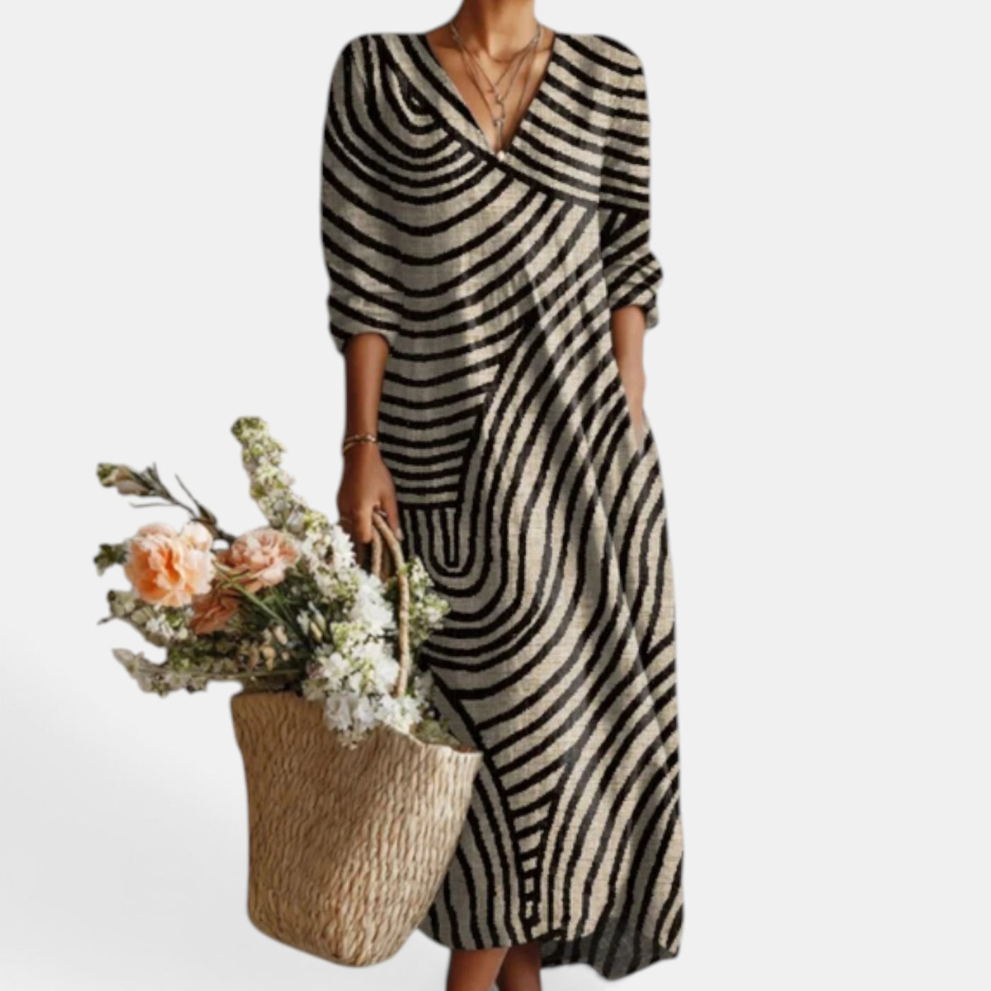 Vestido Midi Boho Mujer de Lino Estampado Floral Escote V