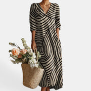 Vestido Midi Boho Mujer de Lino Estampado Floral Escote V