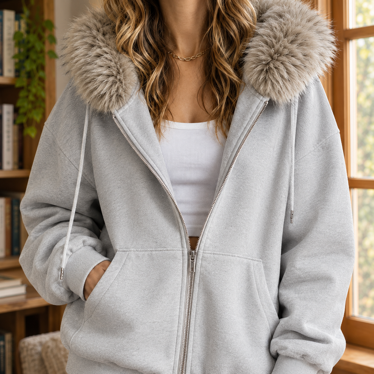 Sudadera Mujer Oversize con Capucha de Pelo Sintético