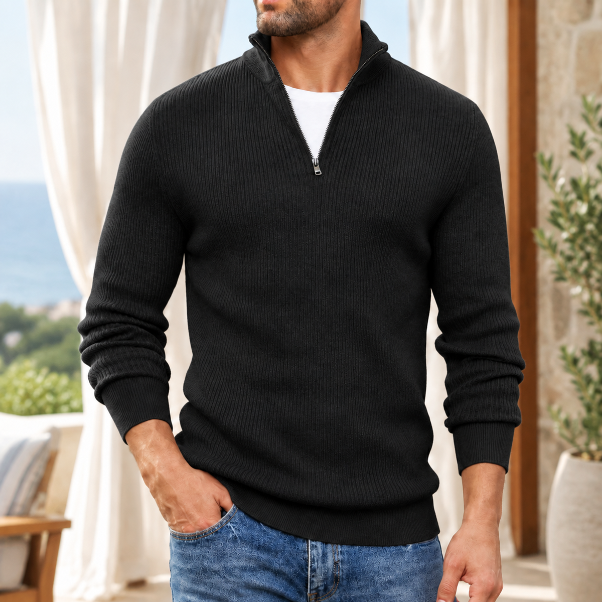 Jersey Hombre Cuello Alto Media Cremallera Punto Canalé