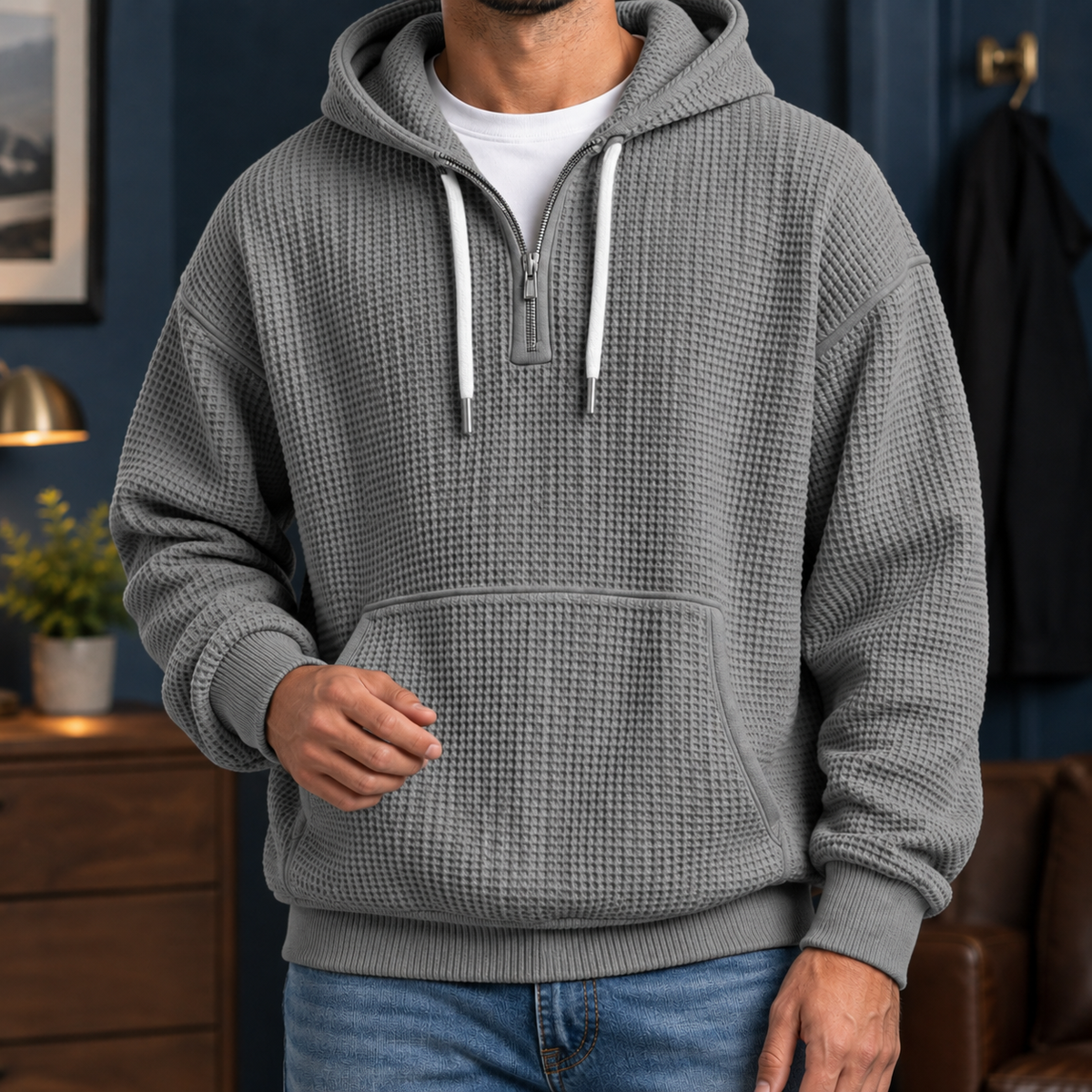 Sudadera Hombre Textura Gofre con Capucha y Cremallera