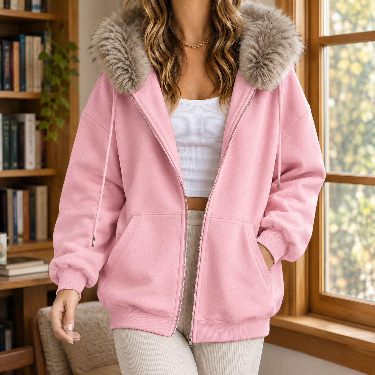 Sudadera Mujer Oversize con Capucha de Pelo Sintético