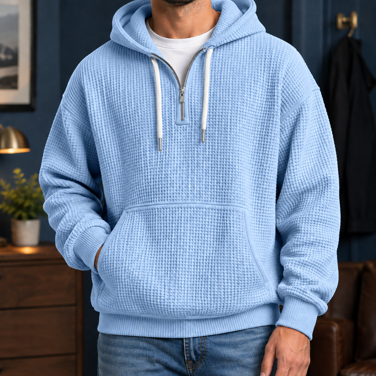 Sudadera Hombre Textura Gofre con Capucha y Cremallera