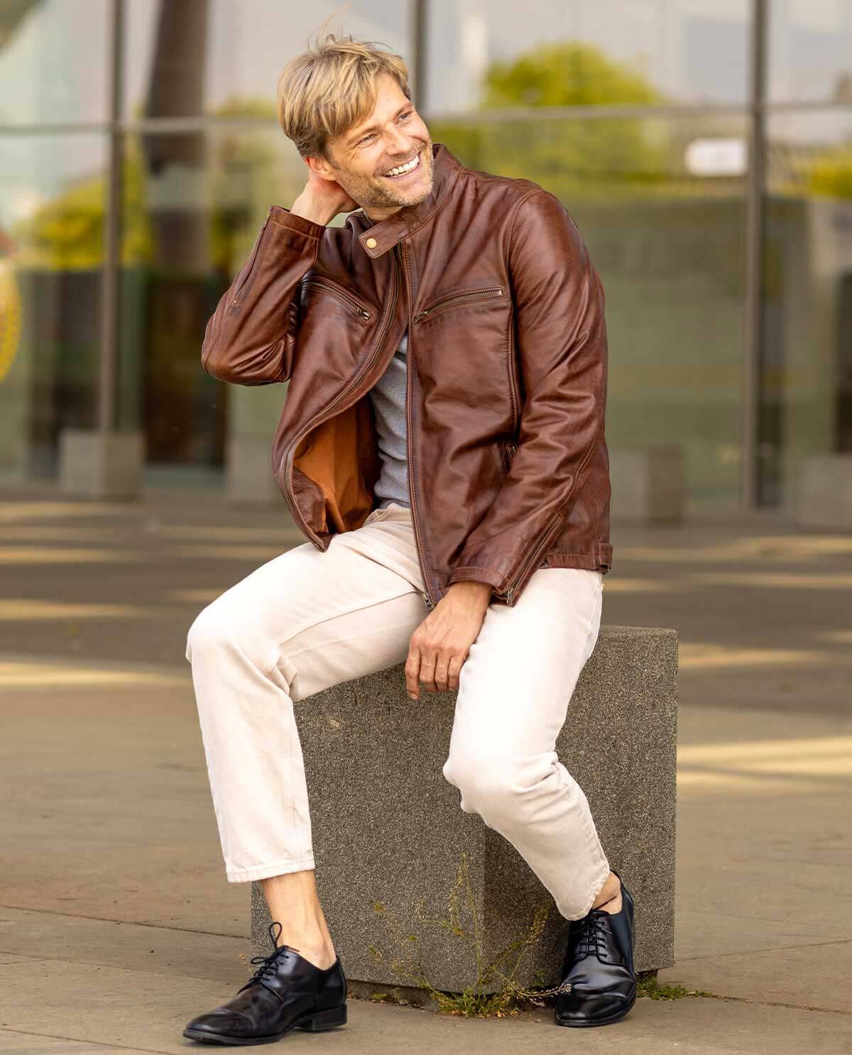 Chaqueta de Cuero Hombre Marrón con Cremalleras