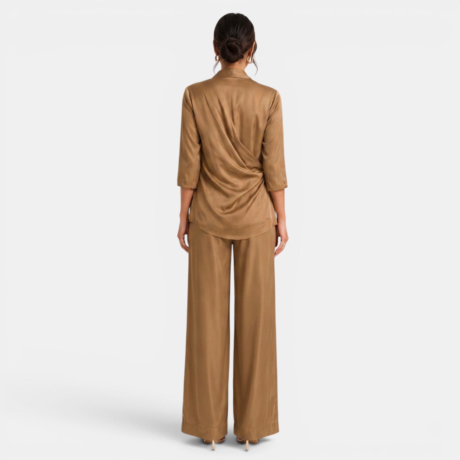 Conjunto Satinado Marrón Pantalón Ancho