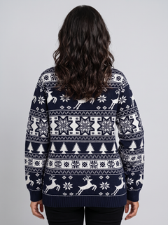 Jersey Navideño Mujer Fair Isle Renos y Abetos Cuello Redondo
