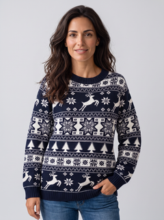 Jersey Navideño Mujer Fair Isle Renos y Abetos Cuello Redondo