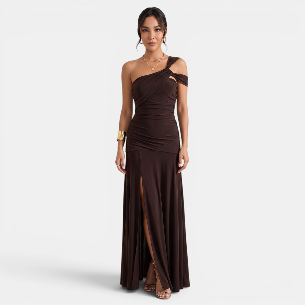 Women's Brown Bodycon Maxi Dress - Pleated, Thin Straps