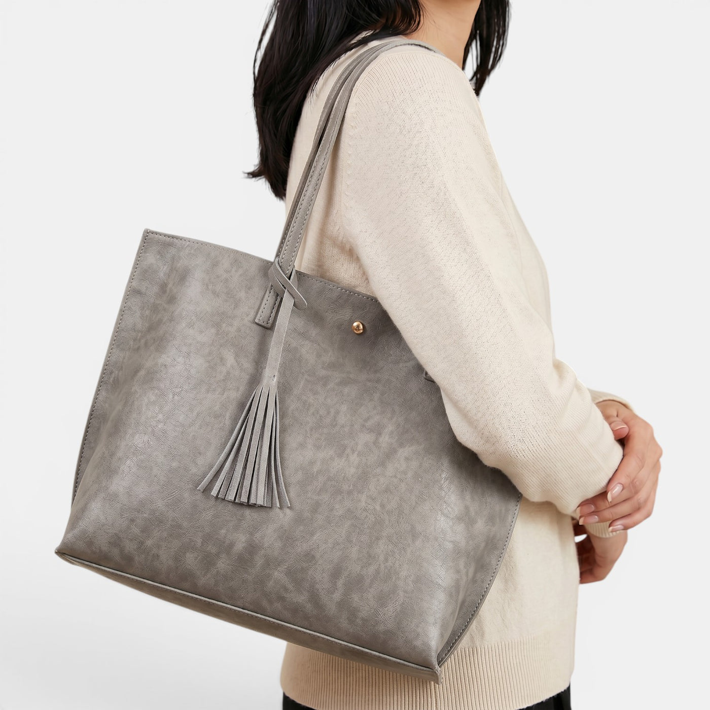 Bolso Mujer Cuero Borlas Grande