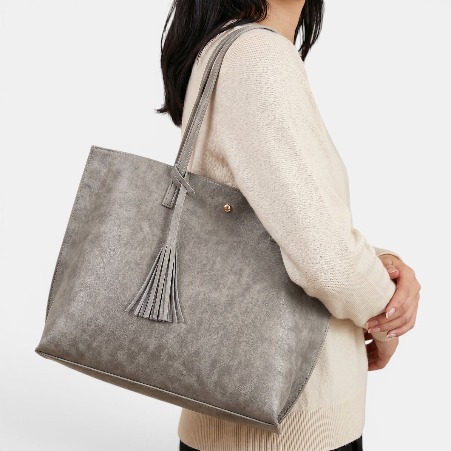 Bolso Mujer Cuero Borlas Grande