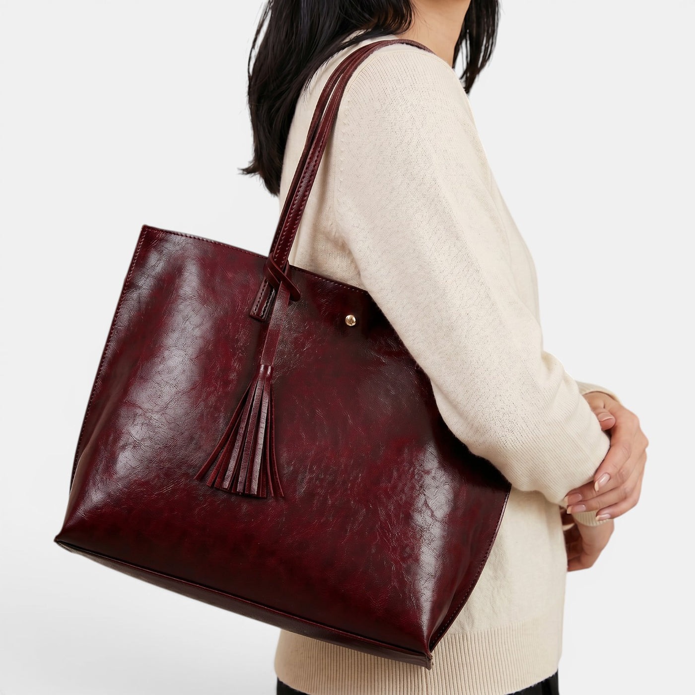 Bolso Mujer Cuero Borlas Grande